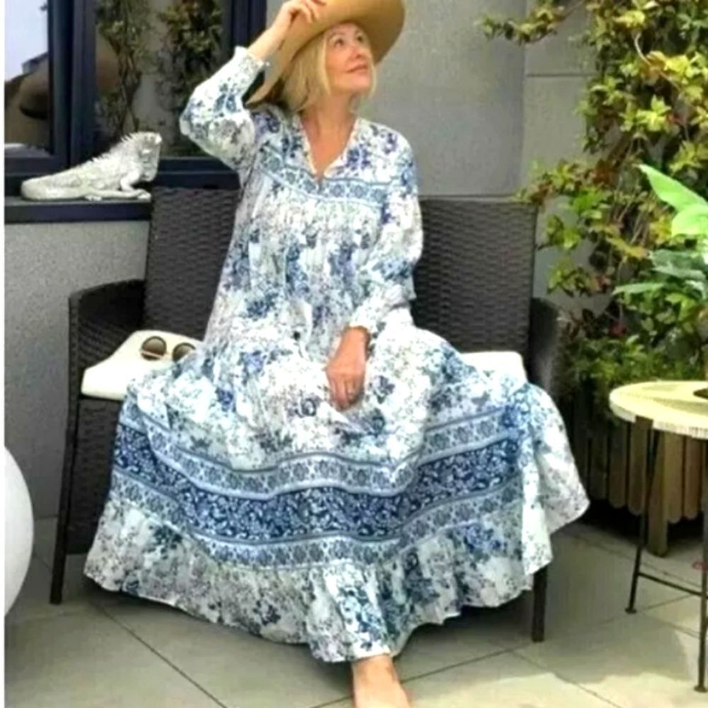 Zara Print Dress Blue/White V-Neck Long Sleeve Maxi Size M - Picture 3 of 8